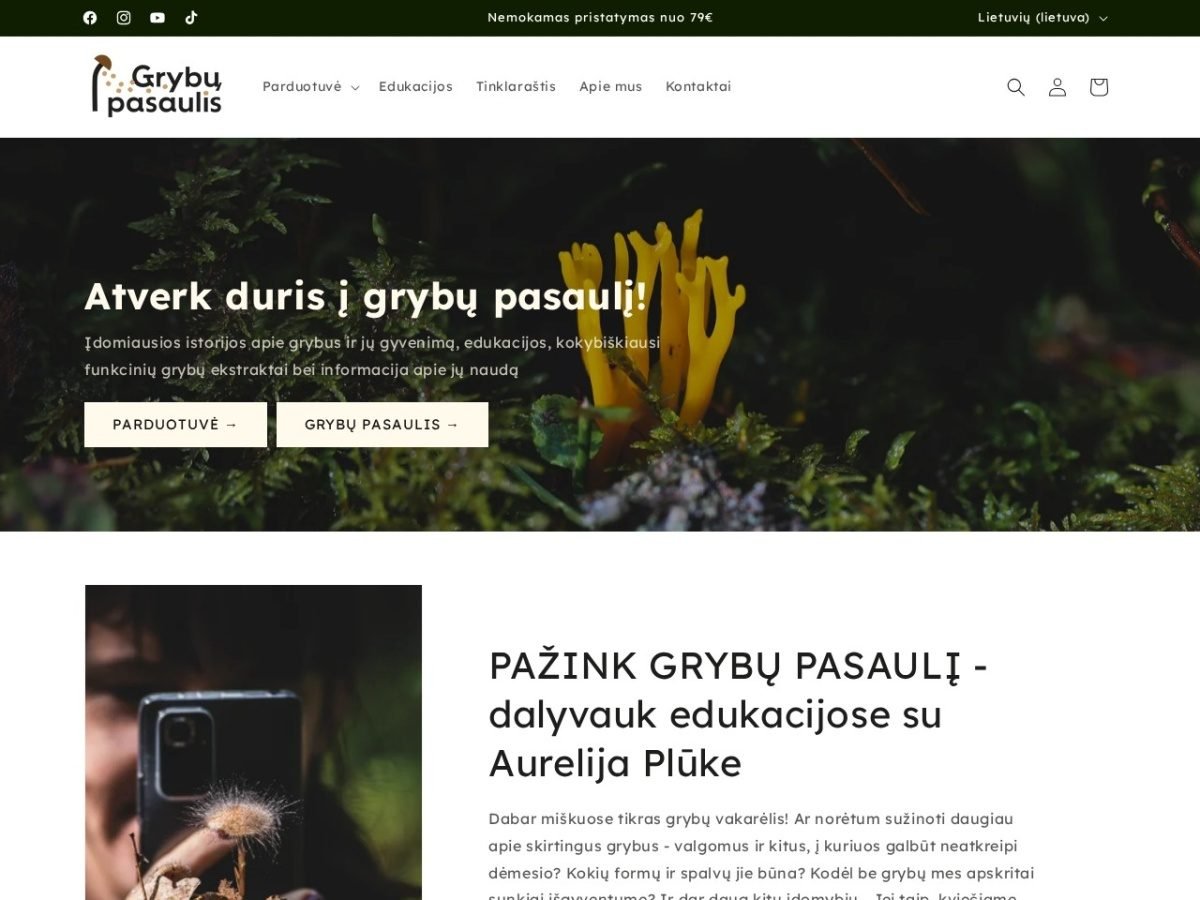 Grybų pasaulis svetainės ekrano kopija